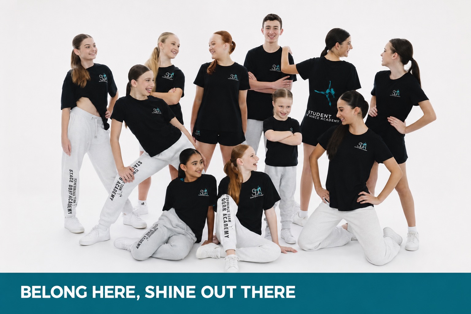Stage Door Academy students in uniform with the message Belong Here, Shine Out There